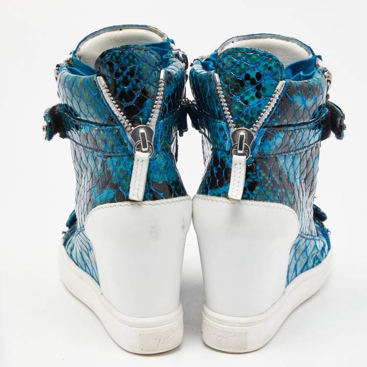 Pre Owned Giuseppe Zanotti Tricolor Embossed Python and Leather Coby Wedge Sneakers Size 37.5