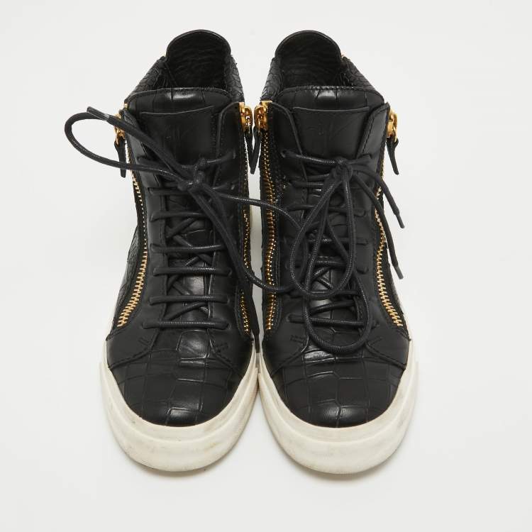 Pre Owned Giuseppe Zanotti Black Croc Embossed Leather High Top Sneakers Size 35.5