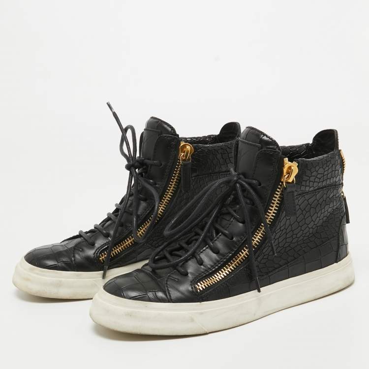 Pre Owned Giuseppe Zanotti Black Croc Embossed Leather High Top Sneakers Size 35.5