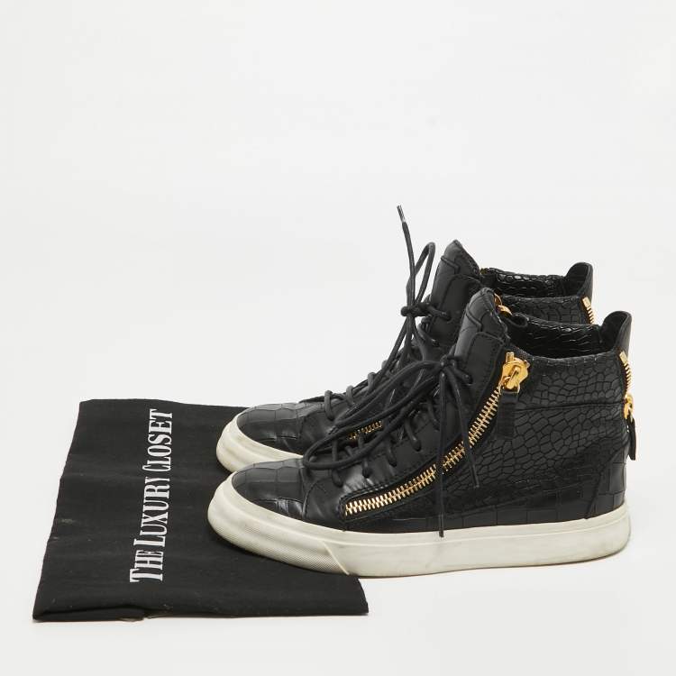 Pre Owned Giuseppe Zanotti Black Croc Embossed Leather High Top Sneakers Size 35.5