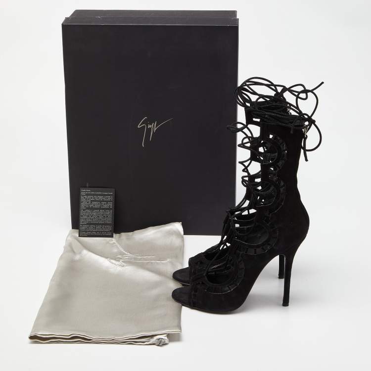 Pre Owned Giuseppe Zanotti Black Suede Cut Out Strappy High Peep Toe Sandals Size 37
