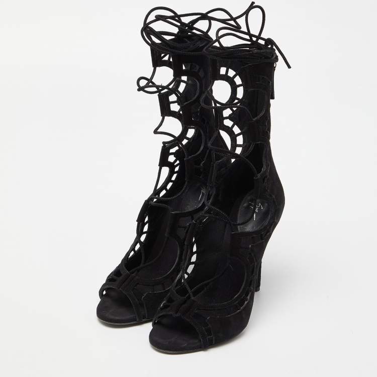 Pre Owned Giuseppe Zanotti Black Suede Cut Out Strappy High Peep Toe Sandals Size 37