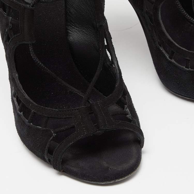 Pre Owned Giuseppe Zanotti Black Suede Cut Out Strappy High Peep Toe Sandals Size 37