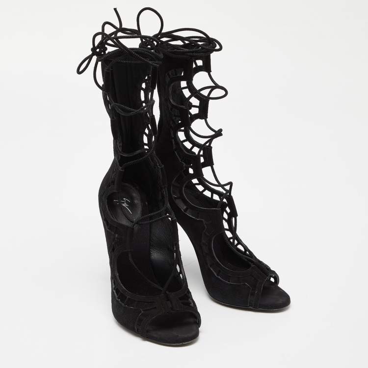 Pre Owned Giuseppe Zanotti Black Suede Cut Out Strappy High Peep Toe Sandals Size 37
