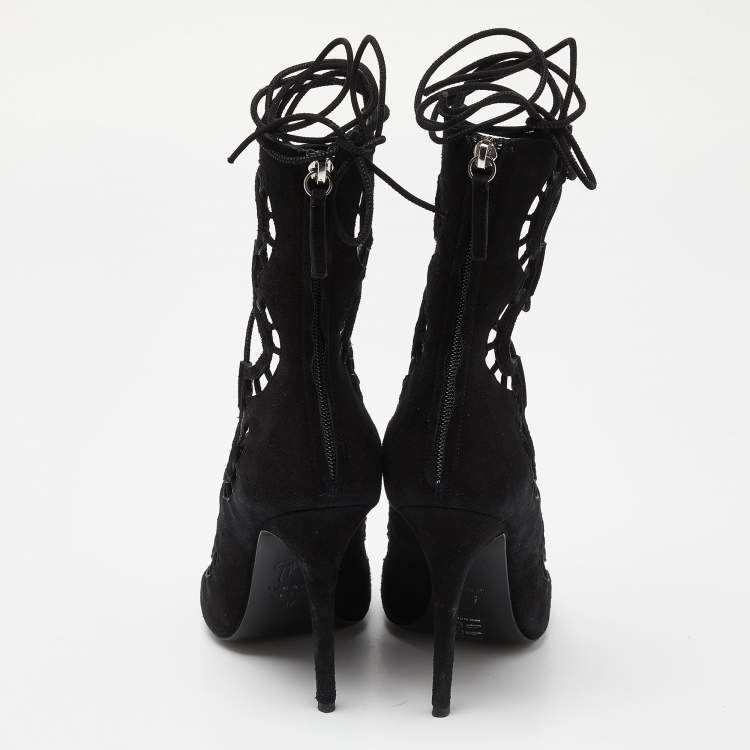 Pre Owned Giuseppe Zanotti Black Suede Cut Out Strappy High Peep Toe Sandals Size 37