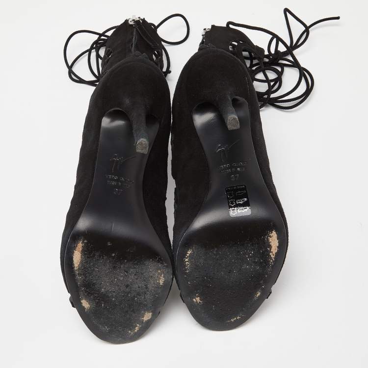 Pre Owned Giuseppe Zanotti Black Suede Cut Out Strappy High Peep Toe Sandals Size 37