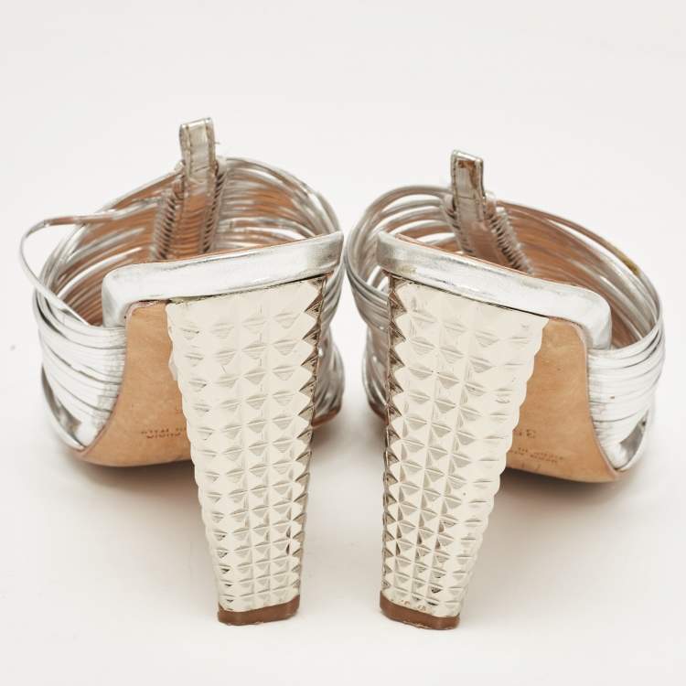 Pre Owned Giuseppe Zanotti Silver Leather Strappy Mules Size 35