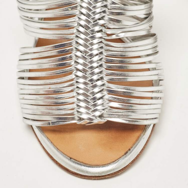 Pre Owned Giuseppe Zanotti Silver Leather Strappy Mules Size 35