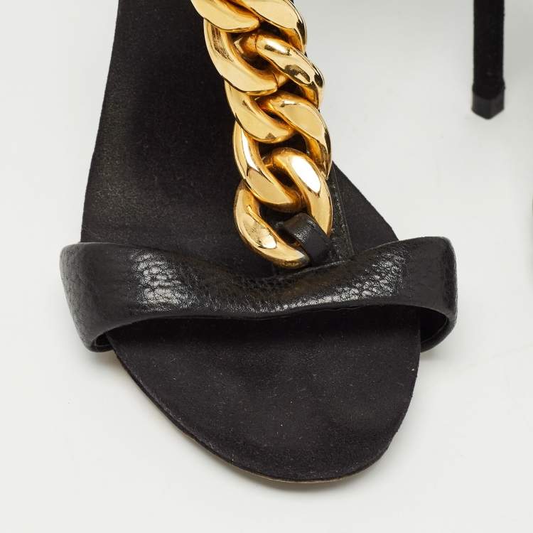 مملوكة مسبقًا Giuseppe Zanotti Black Suede and Leather Chain Detail T Strap Sandals Size 37.5
