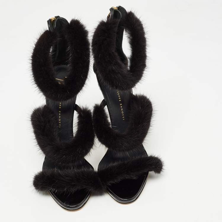 Pre Owned Giuseppe Zanotti Black Croc Embossed and Fur Harmony  Ankle Strap Sandals Size 38
