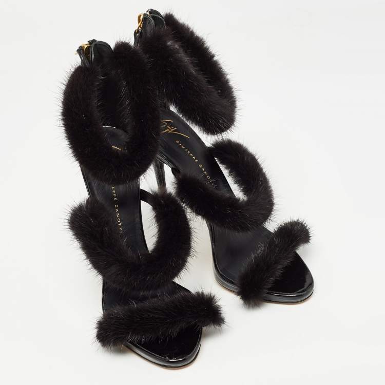 Pre Owned Giuseppe Zanotti Black Croc Embossed and Fur Harmony  Ankle Strap Sandals Size 38
