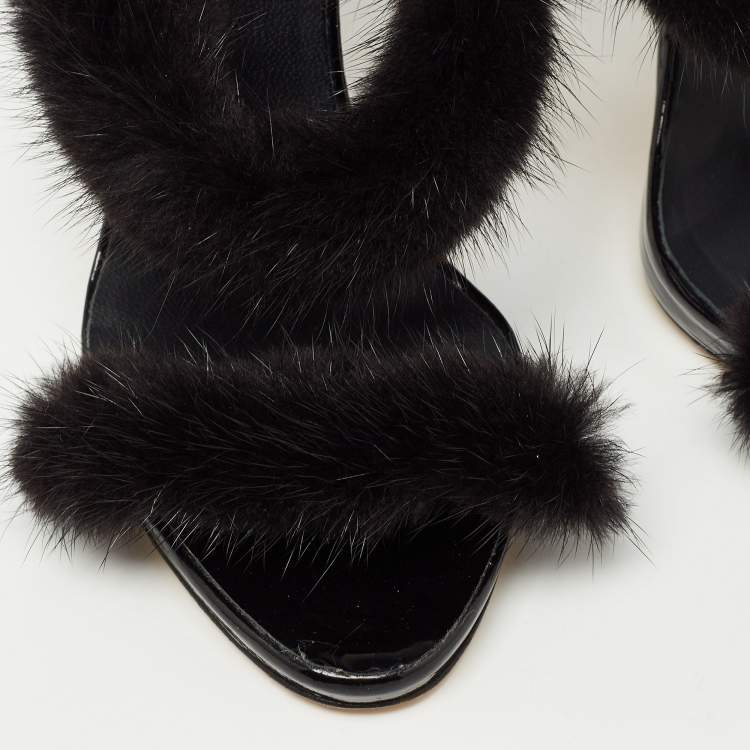 Pre Owned Giuseppe Zanotti Black Croc Embossed and Fur Harmony  Ankle Strap Sandals Size 38