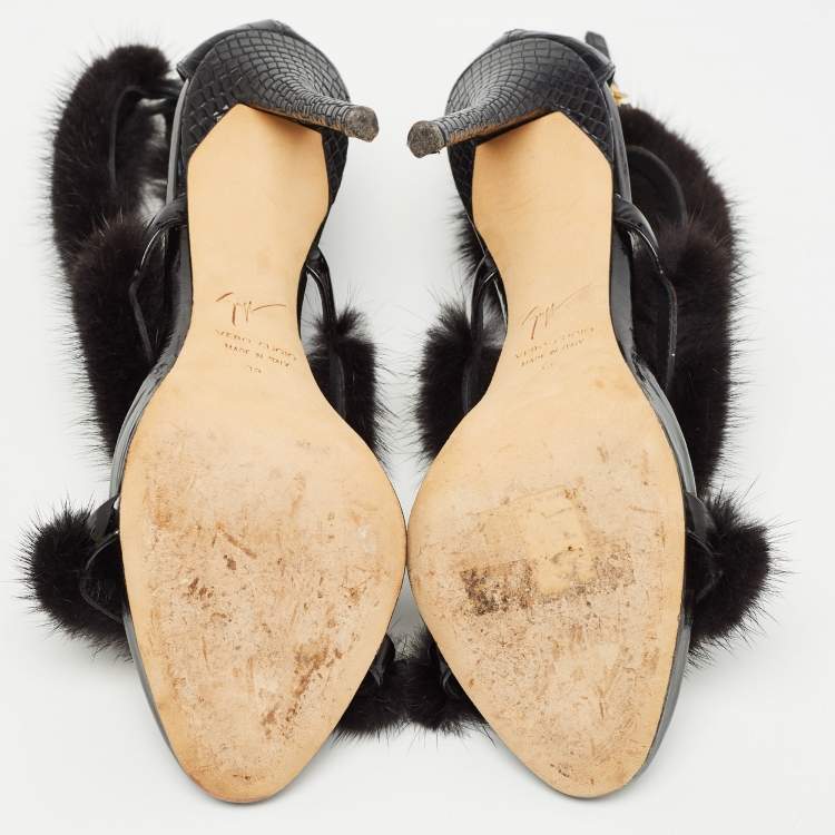Pre Owned Giuseppe Zanotti Black Croc Embossed and Fur Harmony  Ankle Strap Sandals Size 38