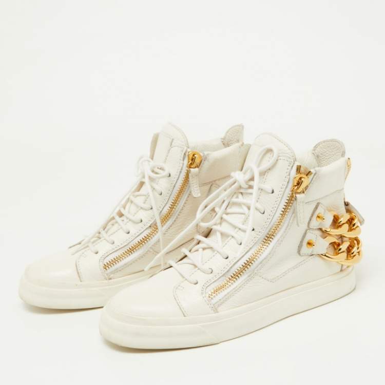 Pre Owned Giuseppe Zanotti White Leather Chain Detail High Top Sneakers Size 37