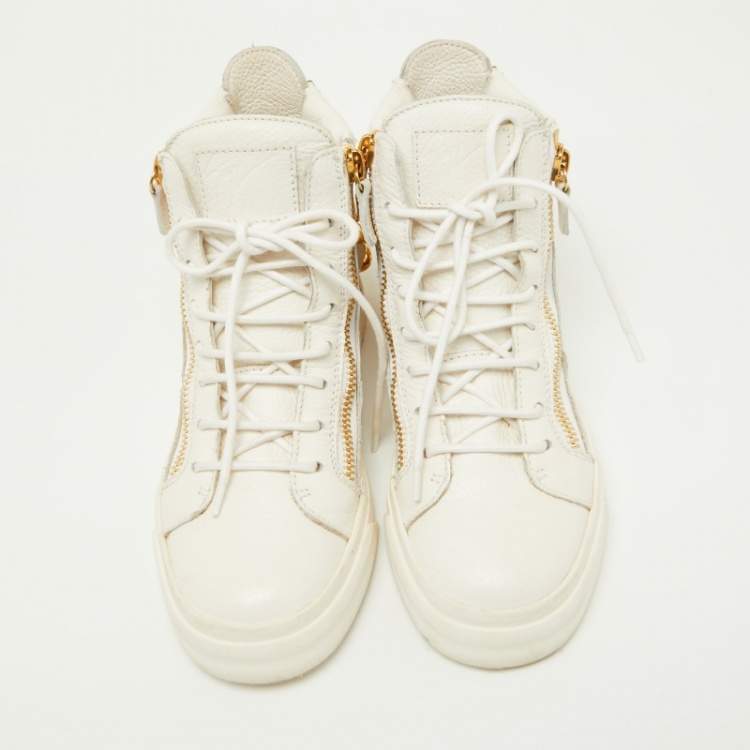 Pre Owned Giuseppe Zanotti White Leather Chain Detail High Top Sneakers Size 37