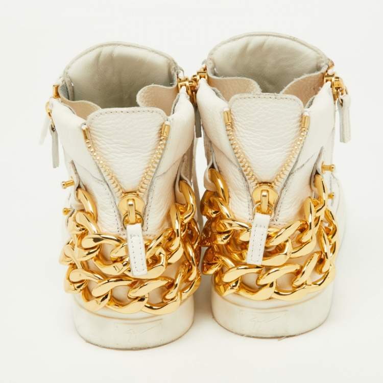 Pre Owned Giuseppe Zanotti White Leather Chain Detail High Top Sneakers Size 37
