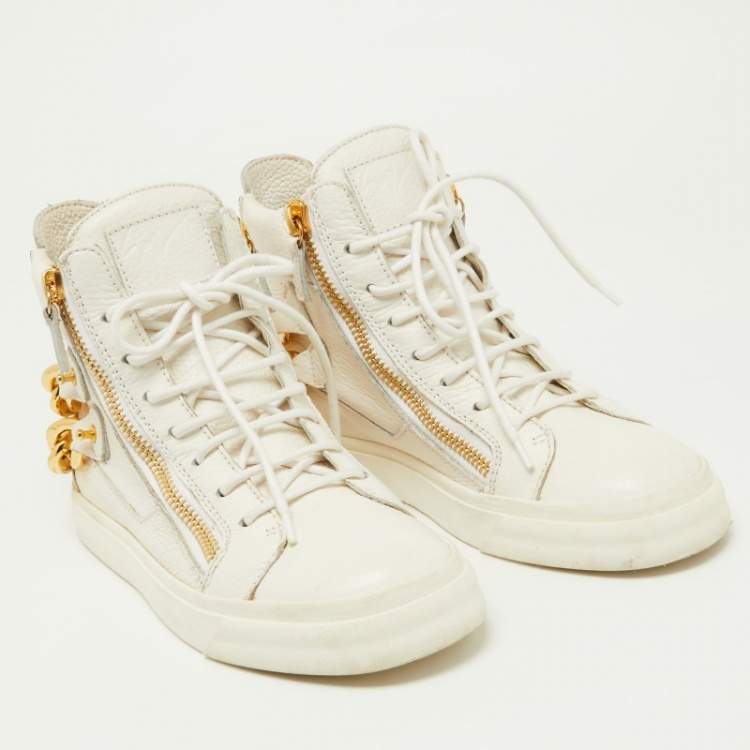 Pre Owned Giuseppe Zanotti White Leather Chain Detail High Top Sneakers Size 37