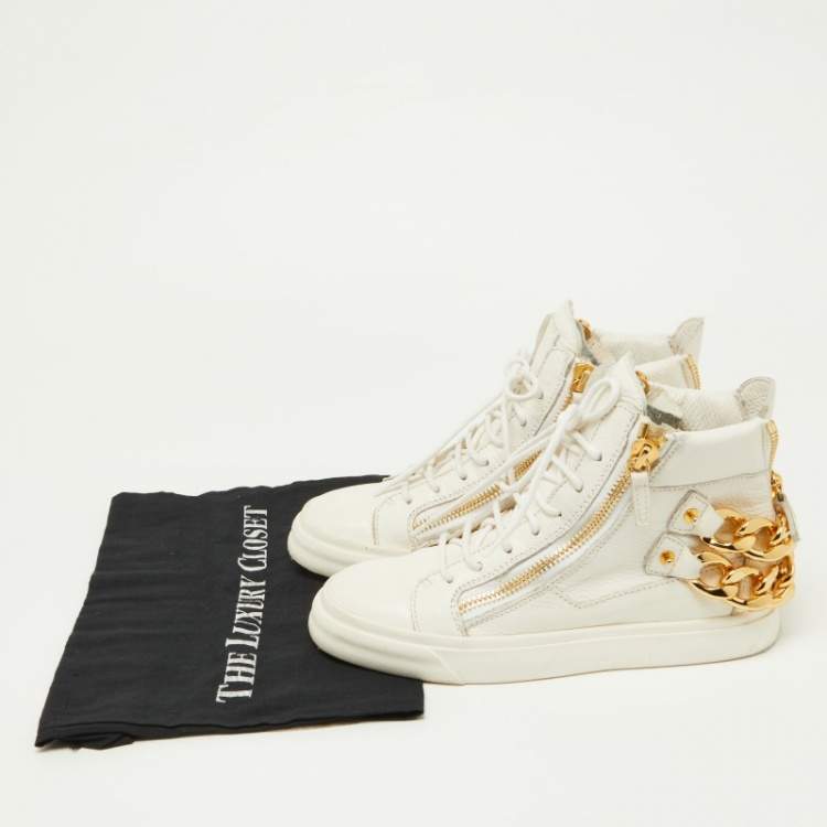 Pre Owned Giuseppe Zanotti White Leather Chain Detail High Top Sneakers Size 37