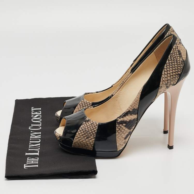 Pre Owned Giuseppe Zanotti Tricolor Embossed Python and Patent Leather Platform Peep Toe Pumps Size 40