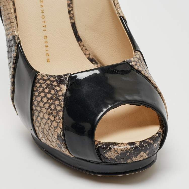 Pre Owned Giuseppe Zanotti Tricolor Embossed Python and Patent Leather Platform Peep Toe Pumps Size 40