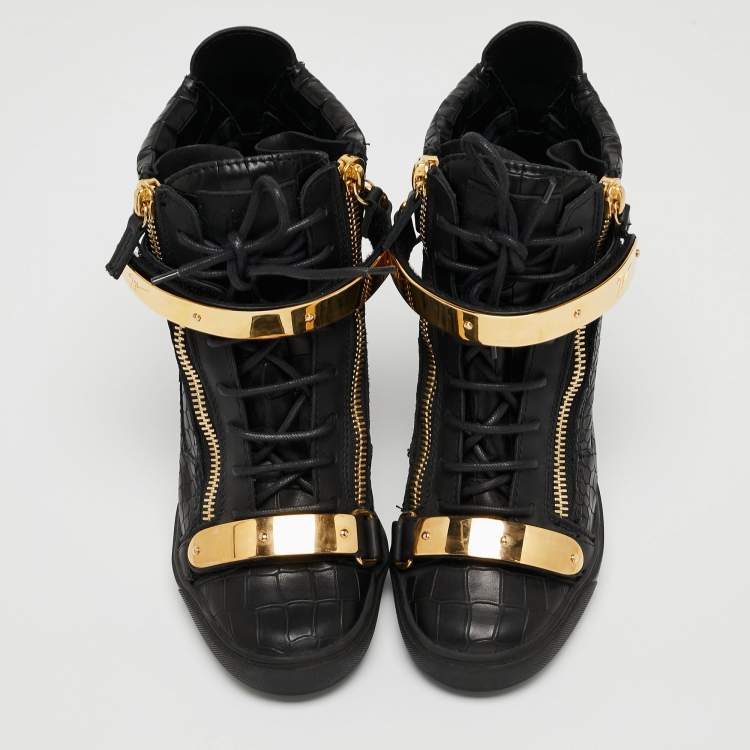 Pre Owned Giuseppe Zanotti Black Croc Embossed Leather Lorenz Wadge Sneakers Size 41