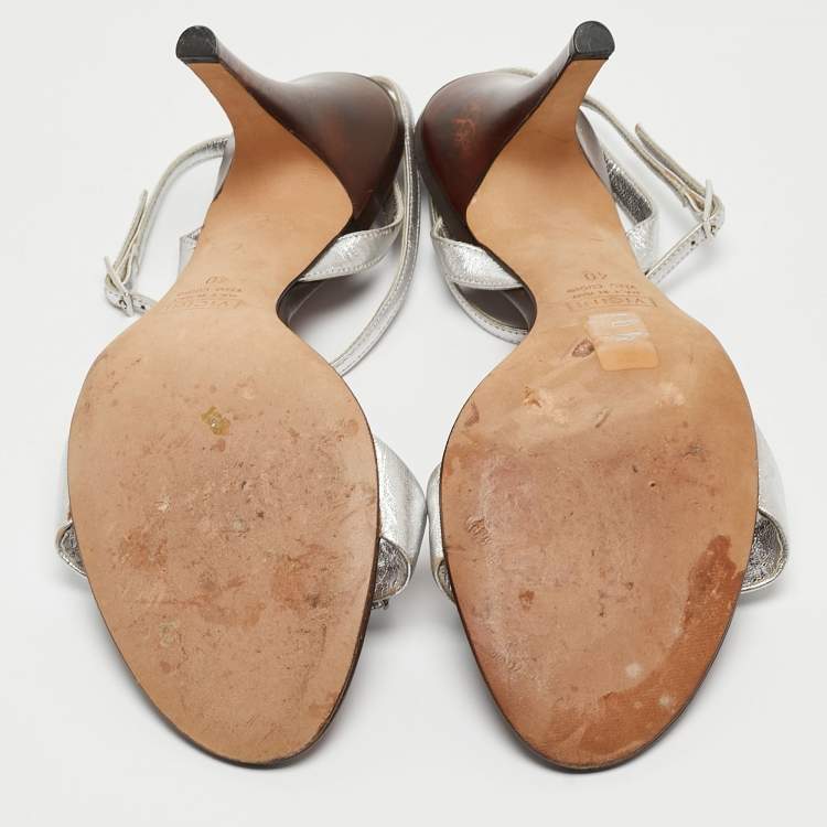 Pre Owned Giuseppe Zanotti Silver Leather Crystal Embellished Ankle Strap Sandals Size 40