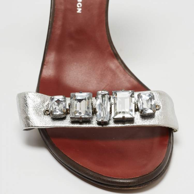 Pre Owned Giuseppe Zanotti Silver Leather Crystal Embellished Ankle Strap Sandals Size 40