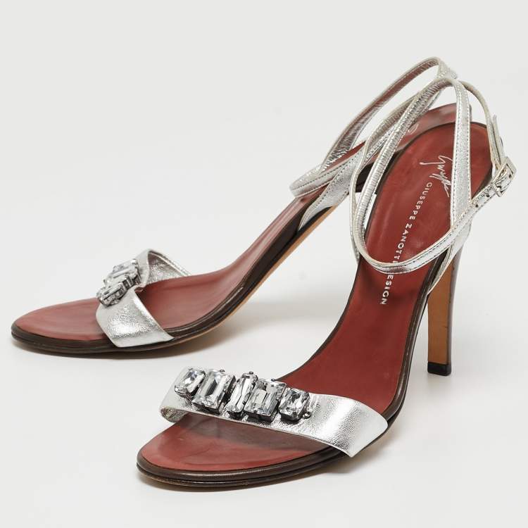 Pre Owned Giuseppe Zanotti Silver Leather Crystal Embellished Ankle Strap Sandals Size 40
