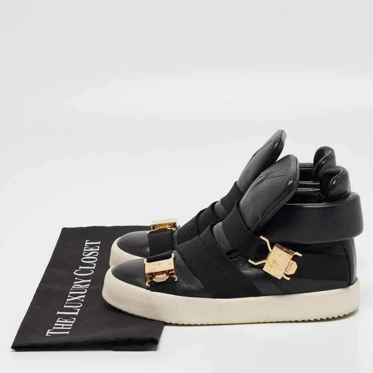 Pre Owned Giuseppe Zanotti Black Leather Double Buckle High Top Sneakers Size 37
