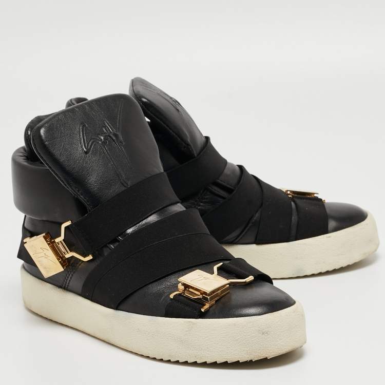 Pre Owned Giuseppe Zanotti Black Leather Double Buckle High Top Sneakers Size 37