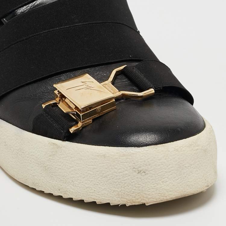 Pre Owned Giuseppe Zanotti Black Leather Double Buckle High Top Sneakers Size 37