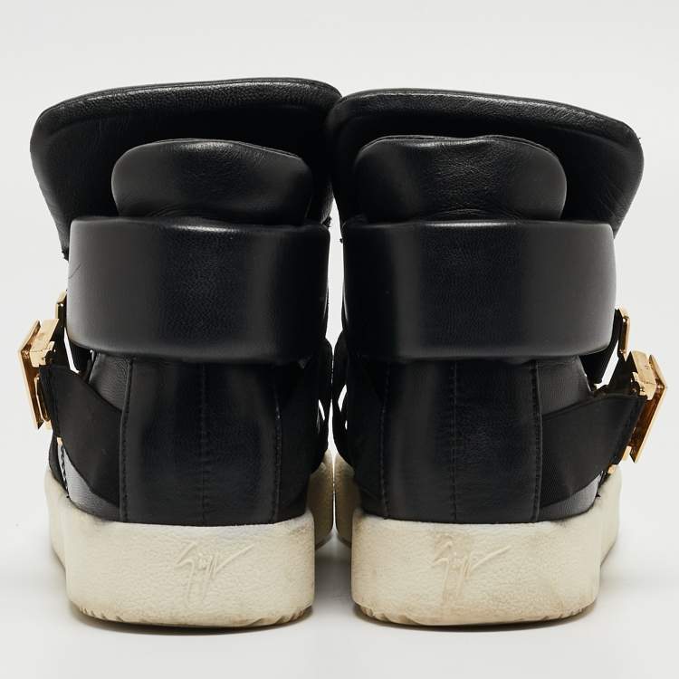 Pre Owned Giuseppe Zanotti Black Leather Double Buckle High Top Sneakers Size 37
