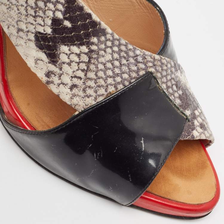 Pre Owned Giuseppe Zanotti Tricolor Embossed Snakeskin and Patent Leather Open Toe D'orsay Pumps Size 40.5