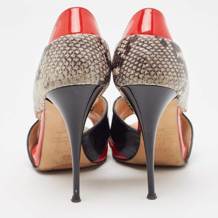 Pre Owned Giuseppe Zanotti Tricolor Embossed Snakeskin and Patent Leather Open Toe D'orsay Pumps Size 40.5