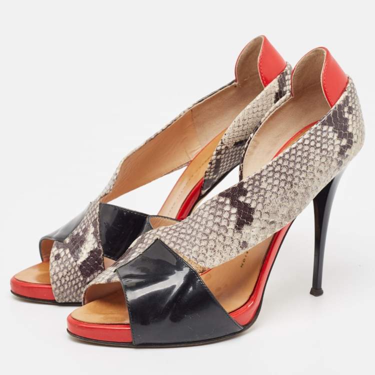 Pre Owned Giuseppe Zanotti Tricolor Embossed Snakeskin and Patent Leather Open Toe D'orsay Pumps Size 40.5