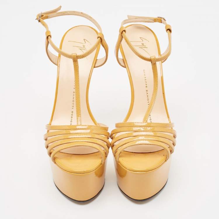 Pre Owned Giuseppe Zanotti Yellow Patent Leather T-Strap Platform Sandals Size 37