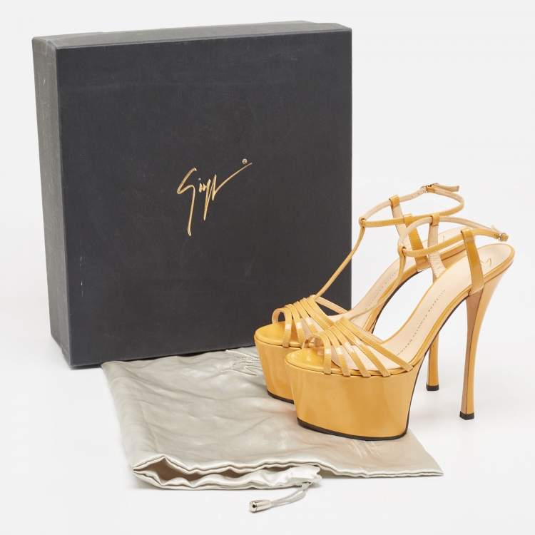 Pre Owned Giuseppe Zanotti Yellow Patent Leather T-Strap Platform Sandals Size 37