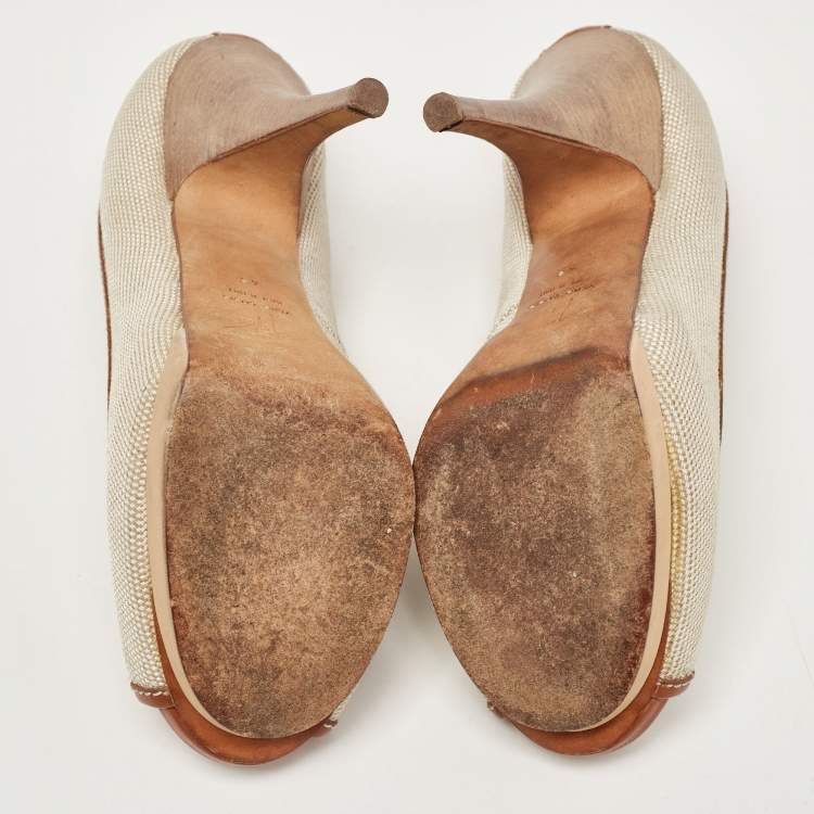 Pre Owned Giuseppe Zanotti Beige/Brown Canvas Peep Toe Platform Pumps Size 40