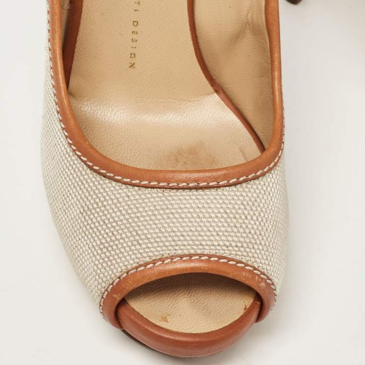 Pre Owned Giuseppe Zanotti Beige/Brown Canvas Peep Toe Platform Pumps Size 40