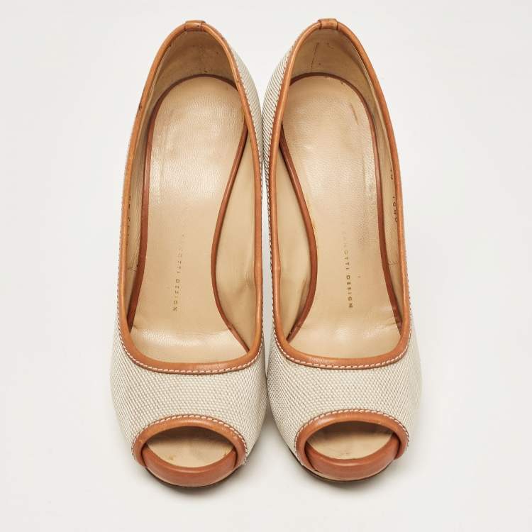 Pre Owned Giuseppe Zanotti Beige/Brown Canvas Peep Toe Platform Pumps Size 40