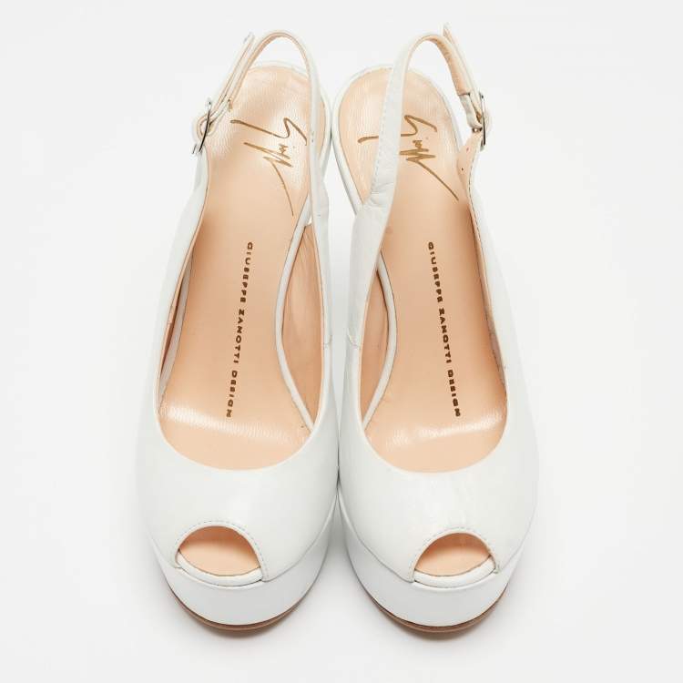 مملوكة مسبقًا Giuseppe Zanotti White Leather Peep Toe Platform Heel Less Slingback Pumps Size 35