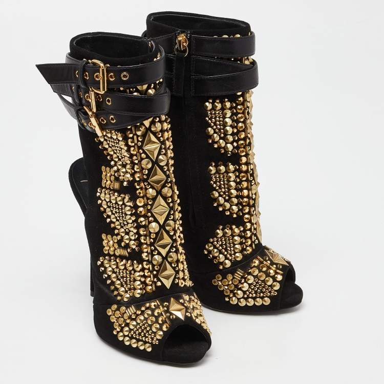 Pre Owned Giuseppe Zanotti Black Suede and Leather Studded Cutout Peep Toe Ankle Boots Size 37
