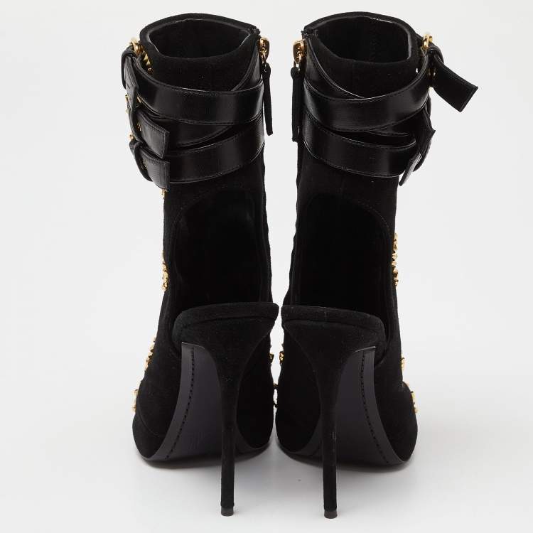 Pre Owned Giuseppe Zanotti Black Suede and Leather Studded Cutout Peep Toe Ankle Boots Size 37