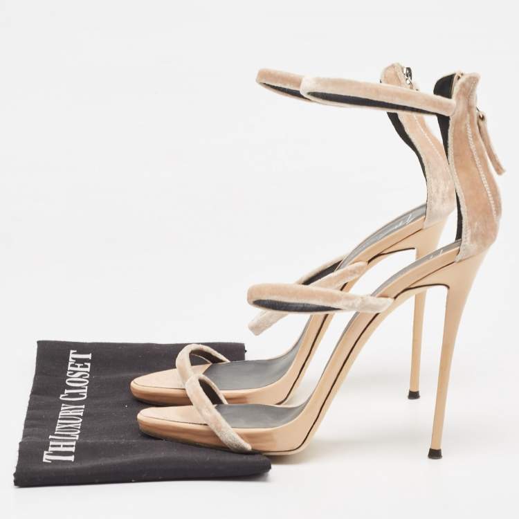 Pre Owned Giuseppe Zanotti Beige Velvet Harmony Ankle Strap  Sandals Size 40.5