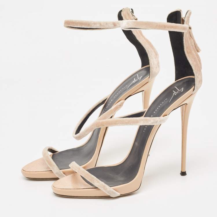 Pre Owned Giuseppe Zanotti Beige Velvet Harmony Ankle Strap  Sandals Size 40.5