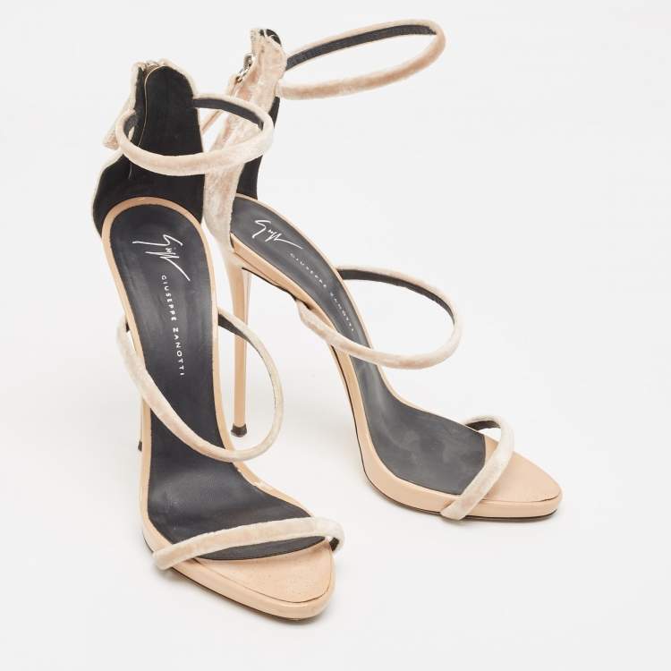 Pre Owned Giuseppe Zanotti Beige Velvet Harmony Ankle Strap  Sandals Size 40.5
