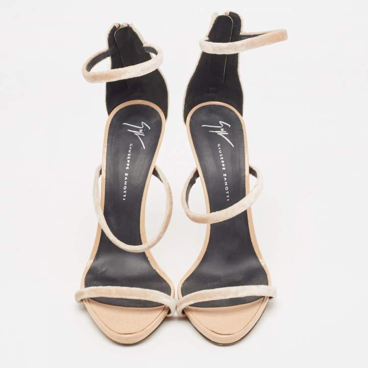 Pre Owned Giuseppe Zanotti Beige Velvet Harmony Ankle Strap  Sandals Size 40.5