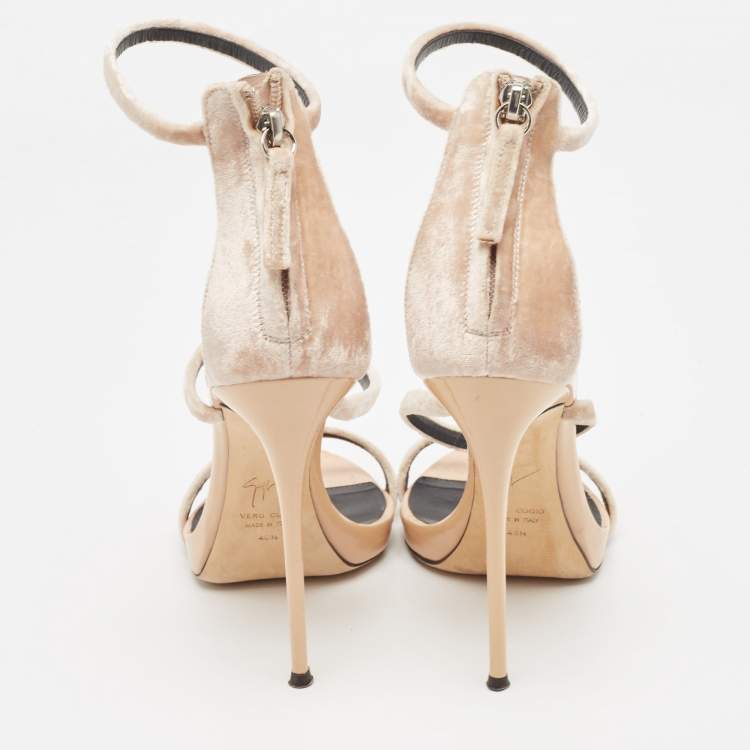 Pre Owned Giuseppe Zanotti Beige Velvet Harmony Ankle Strap  Sandals Size 40.5