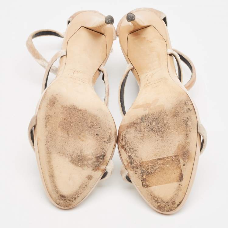 Pre Owned Giuseppe Zanotti Beige Velvet Harmony Ankle Strap  Sandals Size 40.5