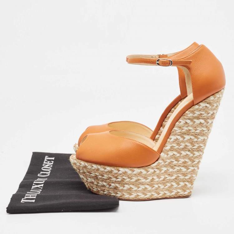 Pre Owned Giuseppe Zanotti Orange Leather Espadrille Wedge Ankle Strap Sandals Size 39